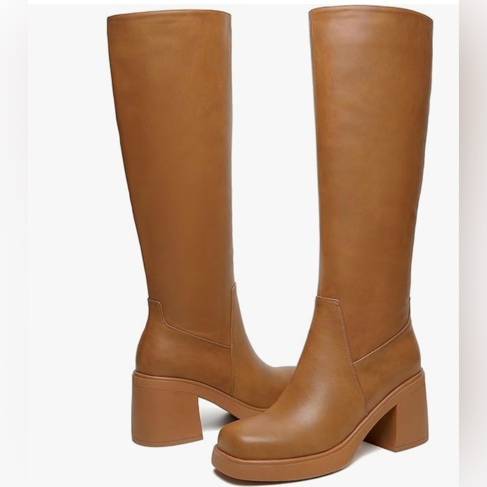 Tall Platform Knee-High Boots in Tan